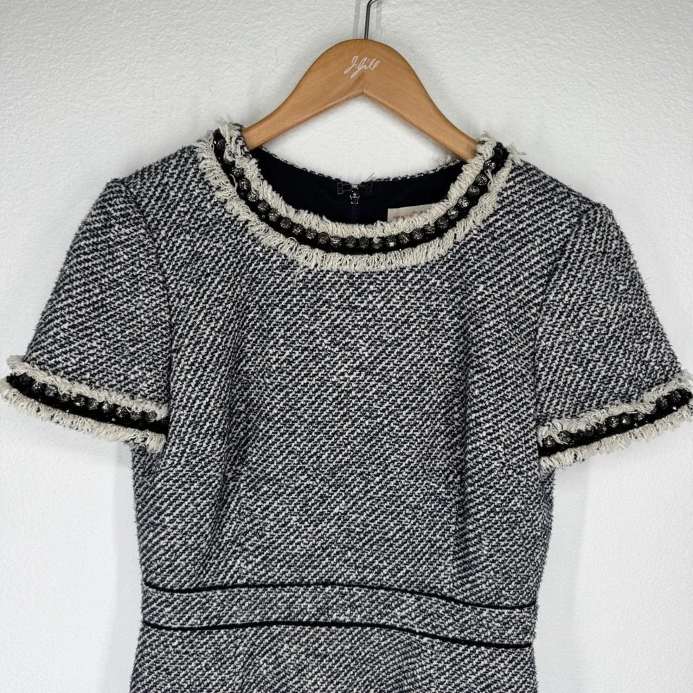 Tory Burch Rosemary Metallic Tweed‎ Dress 4 Jewels Fringe Navy White Old Money